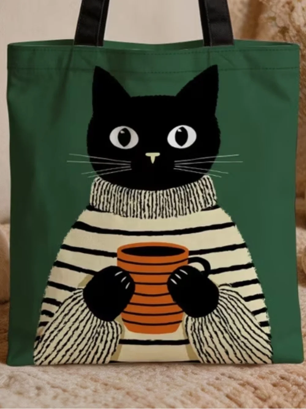 Cute Black Cat Coffee Tote Bag | Canvas Shopper | Green | 15.5” x 13”